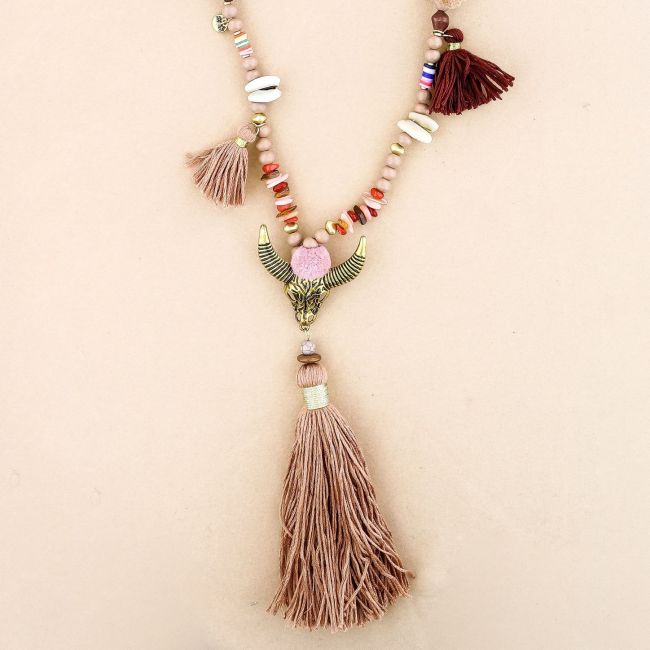 LONG NECKLACE WITH WOODEN BEADS BULL HEAD PENDANT FRINGE