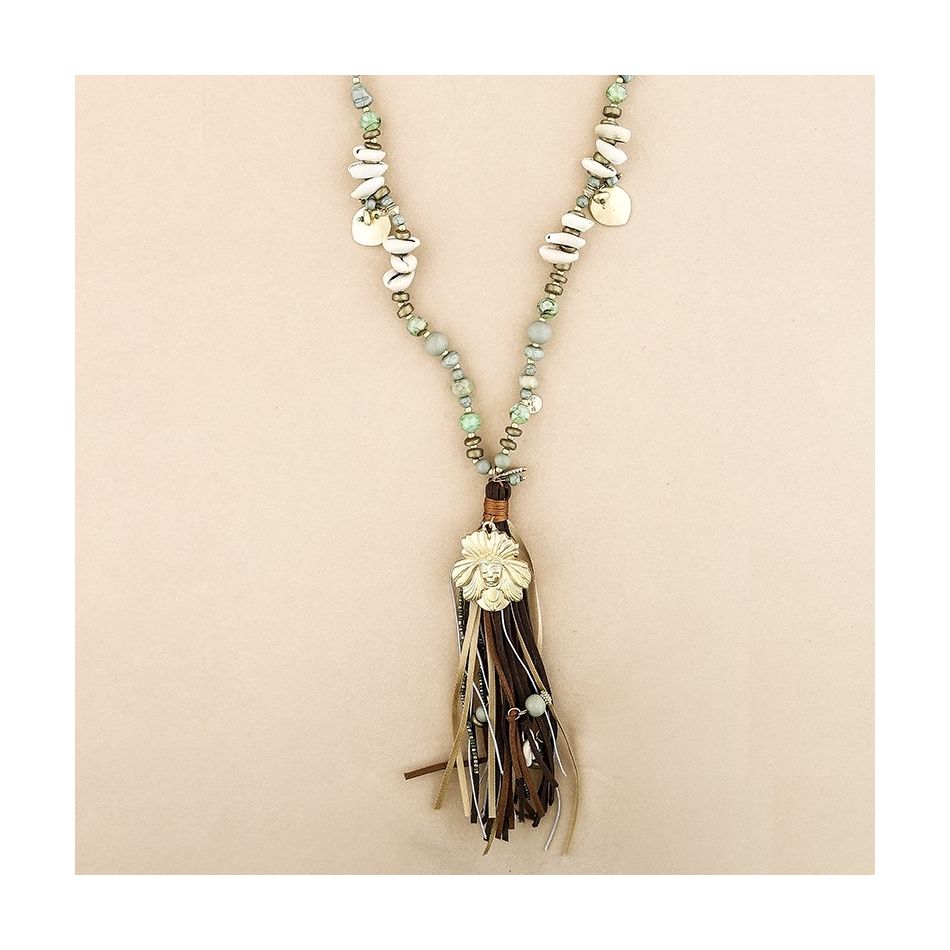 COLLAR LARGO CUENTAS MADERA FLECO