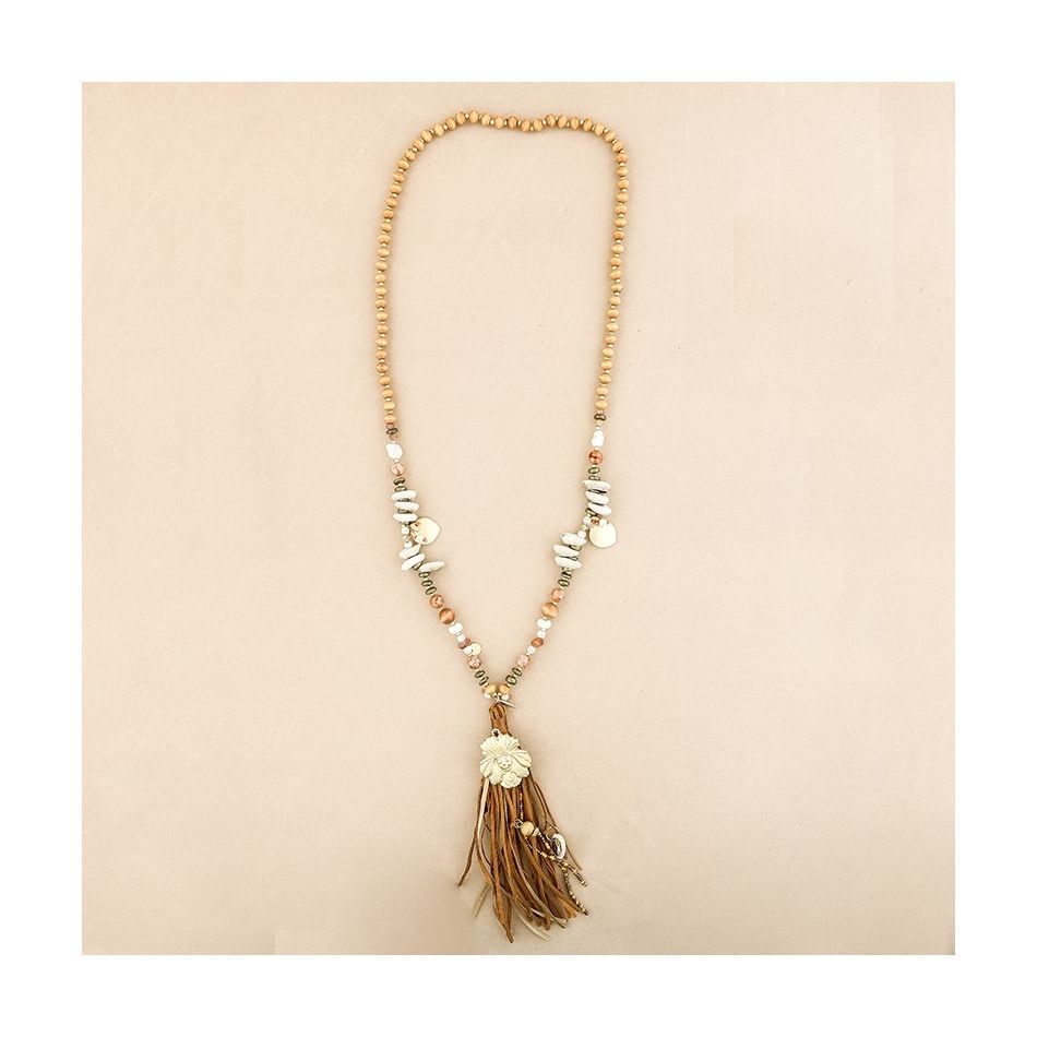 COLLAR LARGO CUENTAS MADERA FLECO