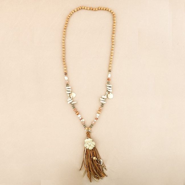 COLLAR LARGO CUENTAS MADERA FLECO