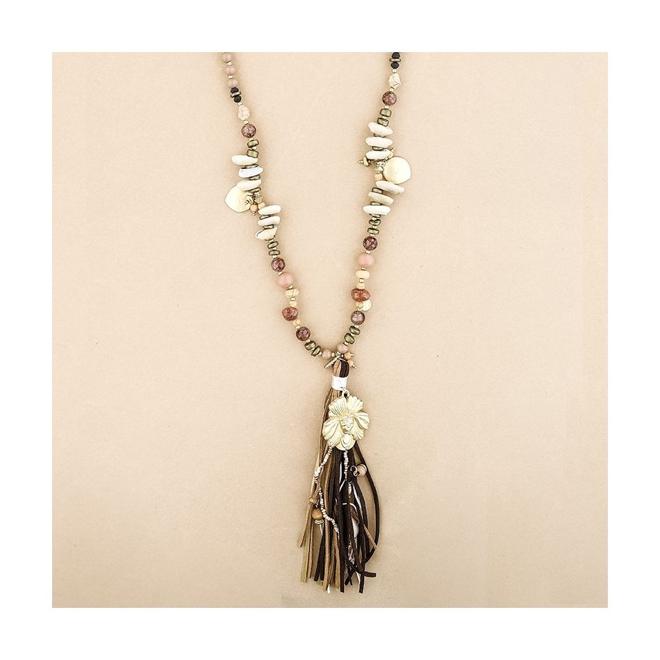 COLLAR LARGO CUENTAS MADERA FLECO