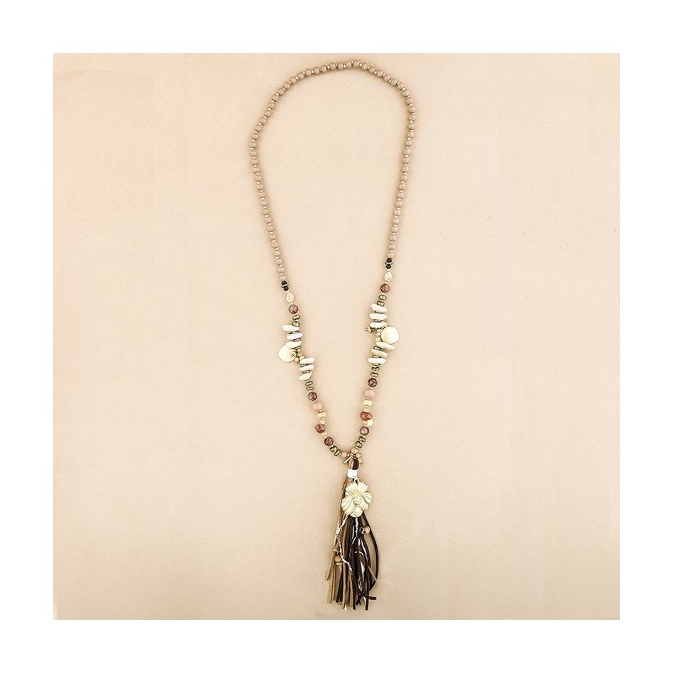 COLLAR LARGO CUENTAS MADERA FLECO