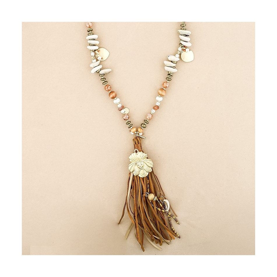 LONG NECKLACE WITH FRINGED WOODEN BEADS