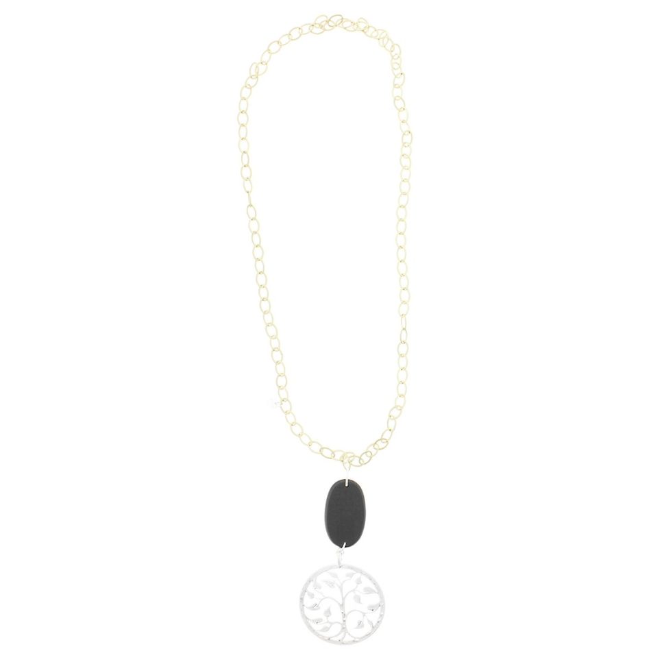 LONG WOODEN METAL PENDANT NECKLACE