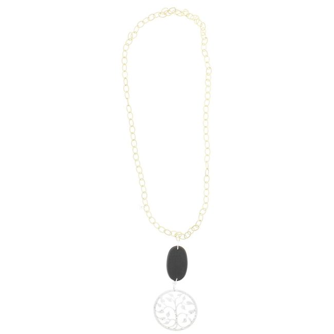 LONG WOODEN METAL PENDANT NECKLACE