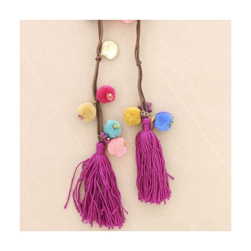 LONG SUEDE NECKLACE WITH DOUBLE FRINGE SHELL POMPOMS