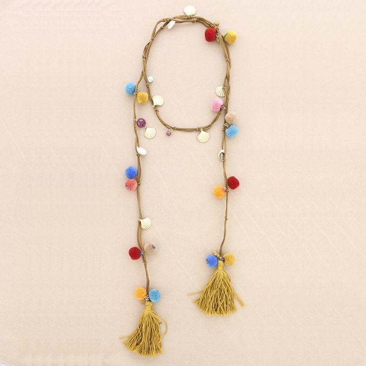 LONG SUEDE NECKLACE WITH DOUBLE FRINGE SHELL POMPOMS