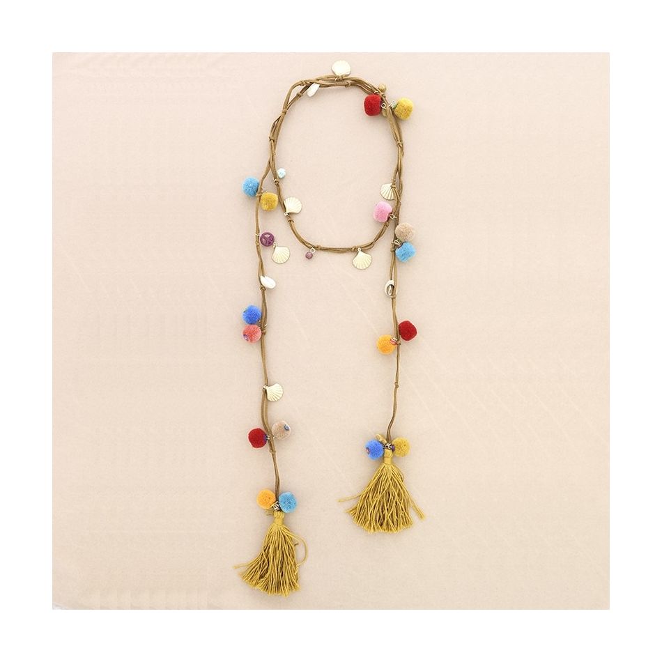 COLLAR LARGO ANTELINA POMPONES CONCHAS DOBLE FLECO