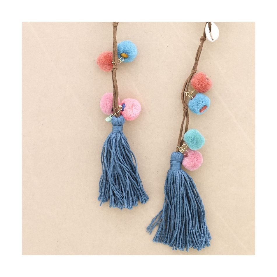 LONG SUEDE NECKLACE WITH DOUBLE FRINGE SHELL POMPOMS