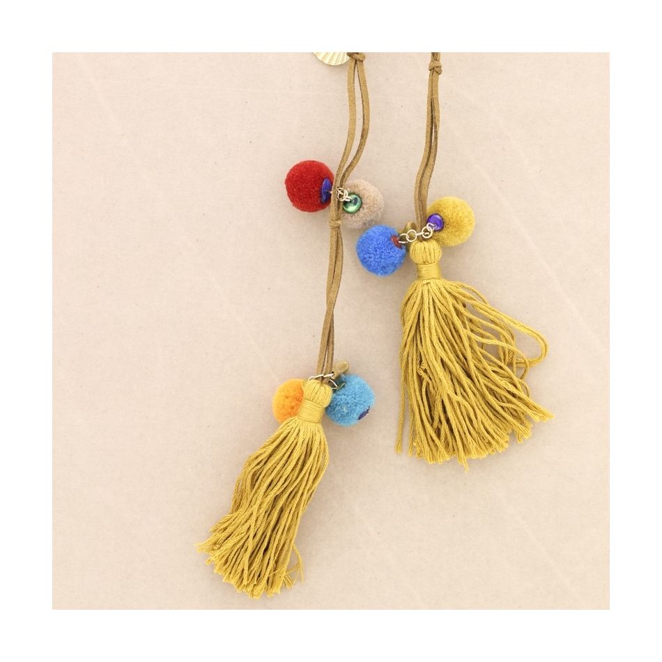 LONG SUEDE NECKLACE WITH DOUBLE FRINGE SHELL POMPOMS