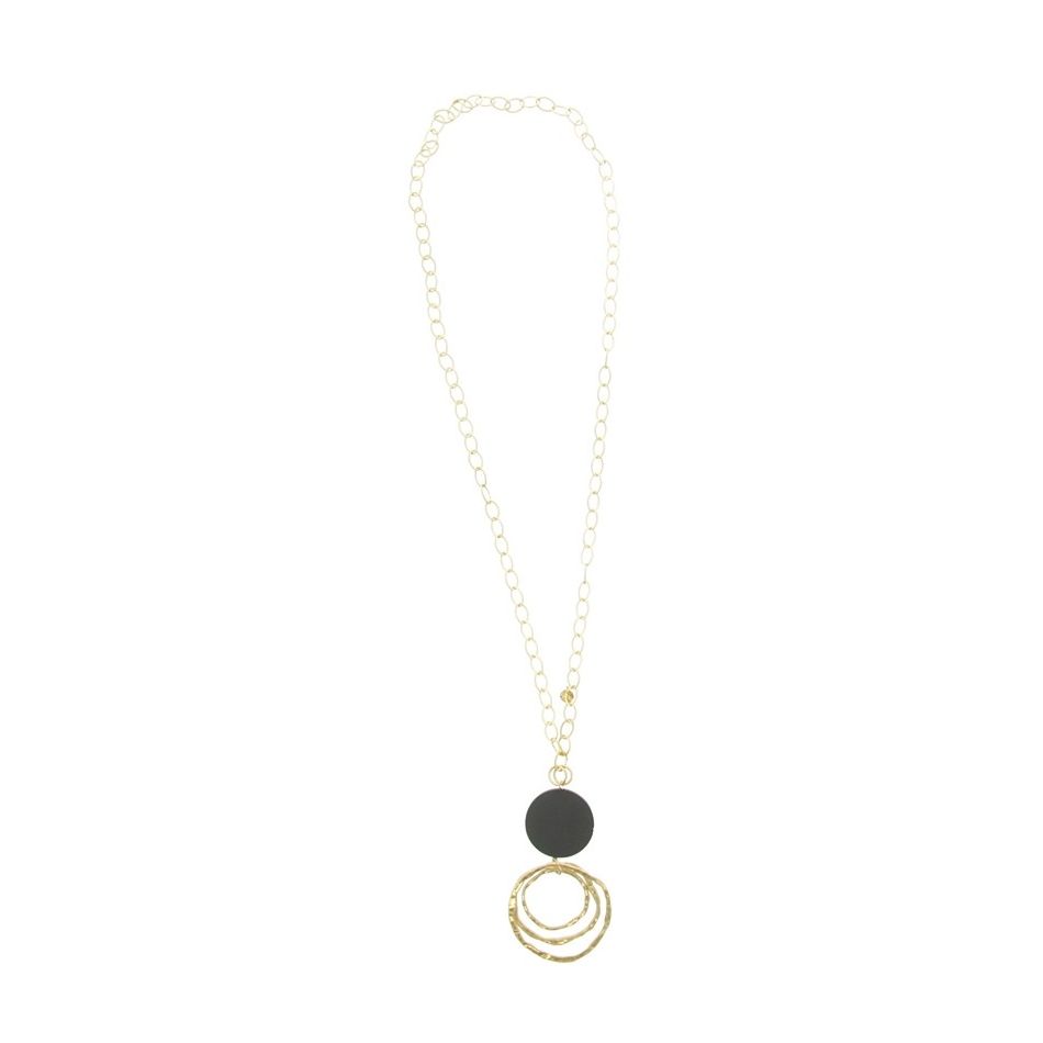 LONG WOODEN NECKLACE WITH TRIPLE METAL RING PENDANT