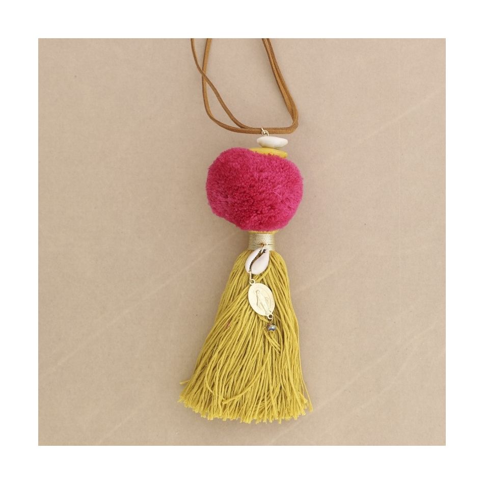 LONG FRINGED POMPOM PENDANT NECKLACE