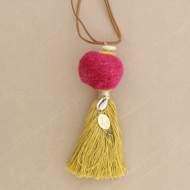 LONG FRINGED POMPOM PENDANT NECKLACE