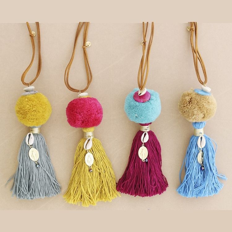 LONG FRINGED POMPOM PENDANT NECKLACE 2