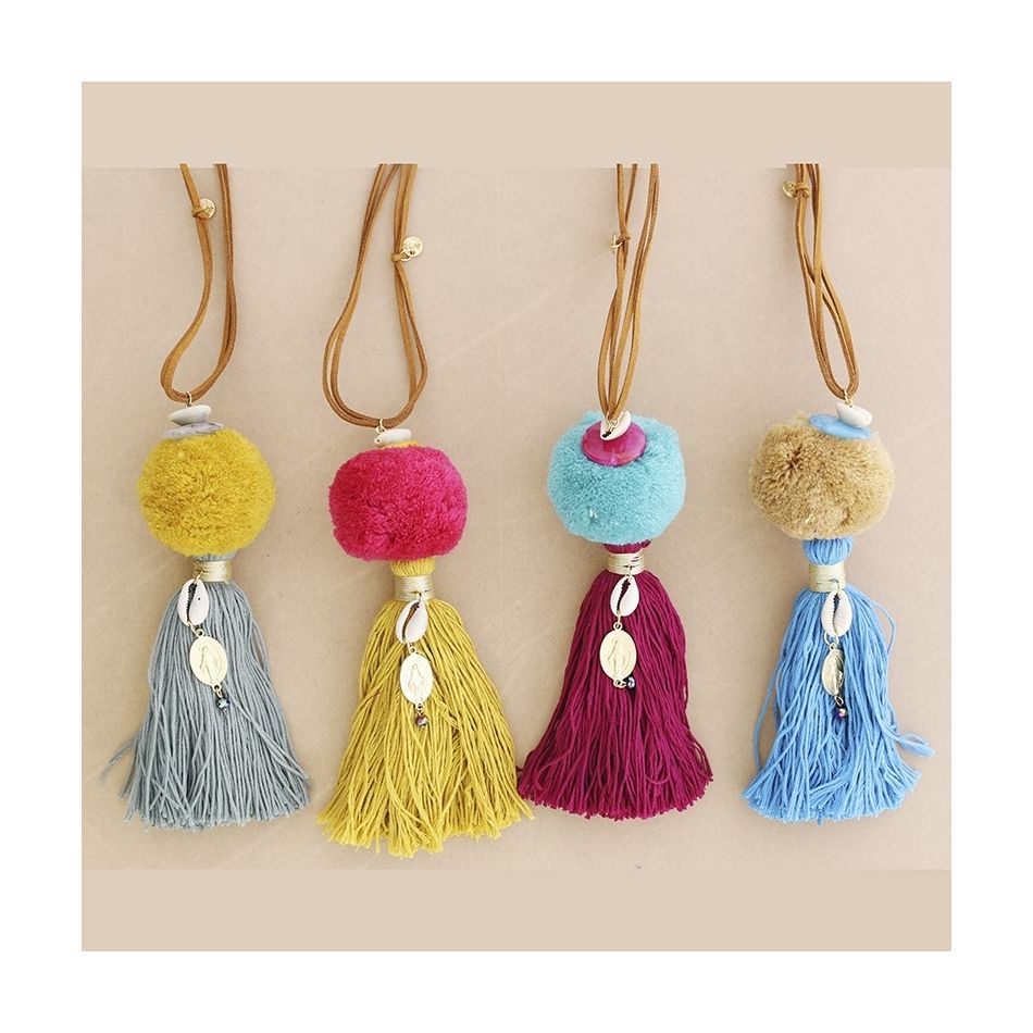 LONG FRINGED POMPOM PENDANT NECKLACE