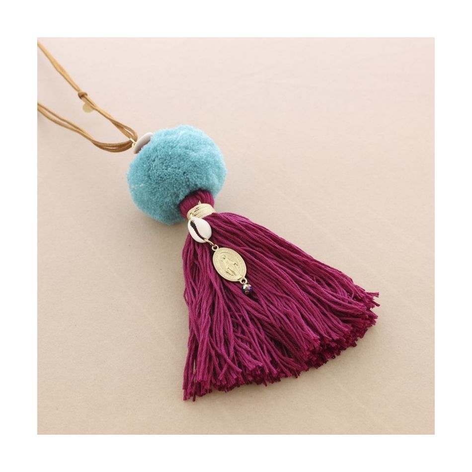 LONG FRINGED POMPOM PENDANT NECKLACE