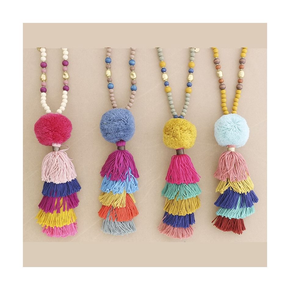 LONG NECKLACE WITH WOODEN BEADS POMPOM FRINGE LAYERS