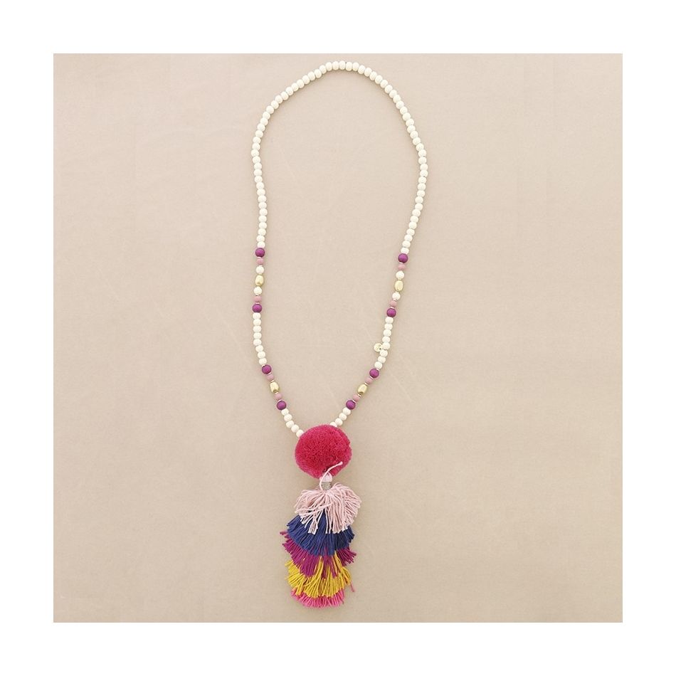 LONG NECKLACE WITH WOODEN BEADS POMPOM FRINGE LAYERS