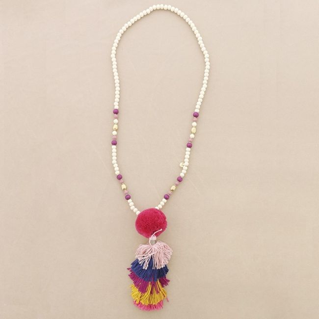 LONG NECKLACE WITH WOODEN BEADS POMPOM FRINGE LAYERS