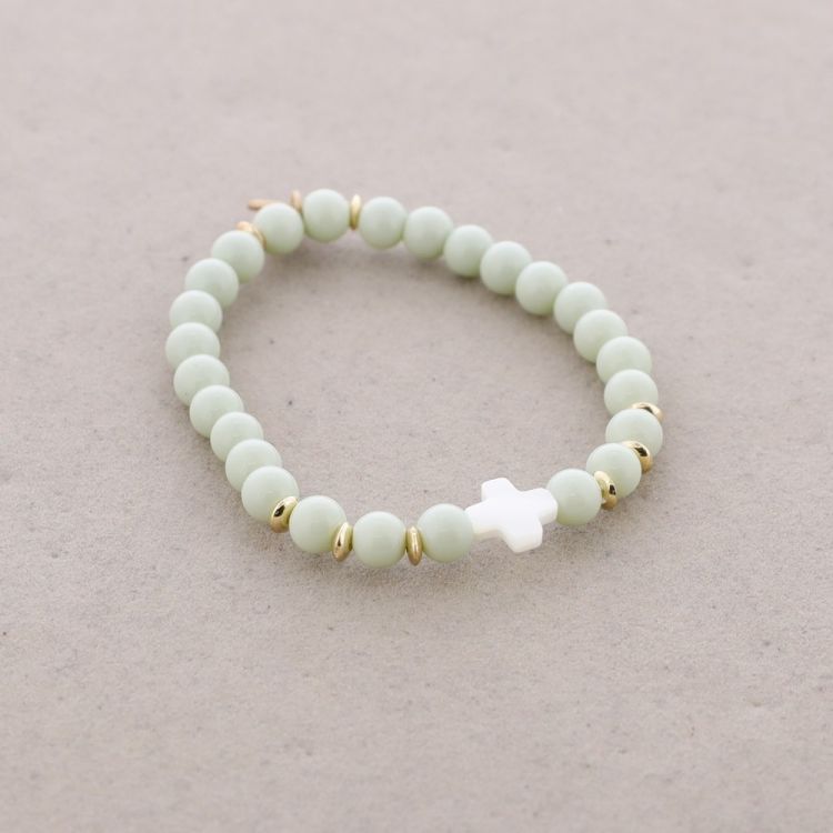 PULSERA ELÁSTICA CUENTAS CRUZ NÁCAR