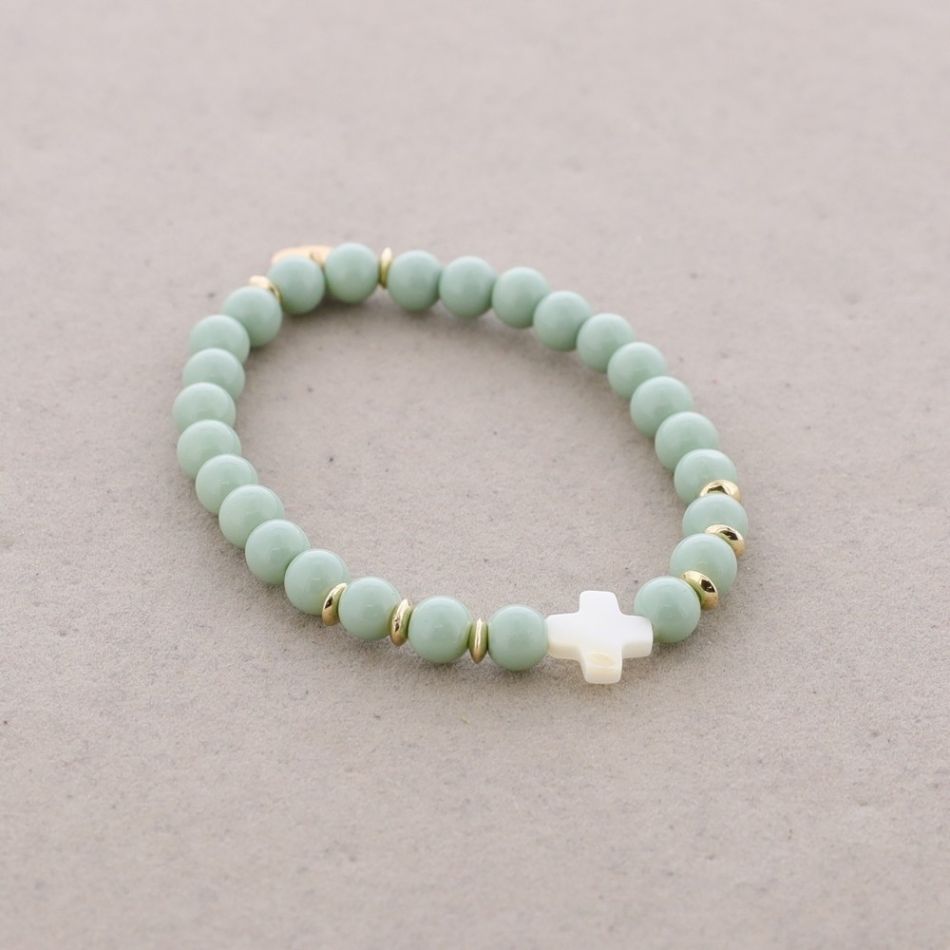 PULSERA ELÁSTICA CUENTAS CRUZ NÁCAR