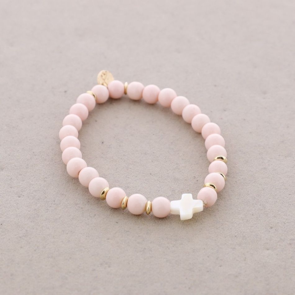 PULSERA ELÁSTICA CUENTAS CRUZ NÁCAR