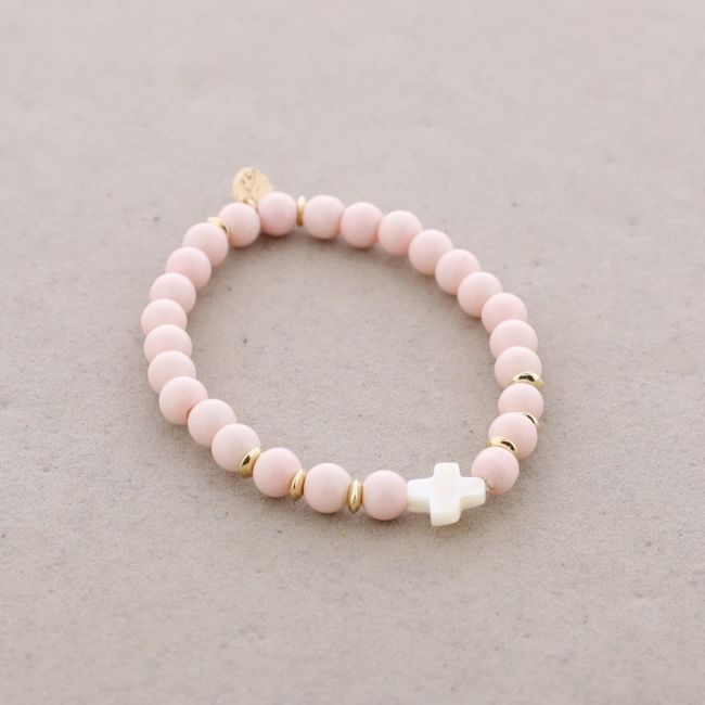 PULSERA ELÁSTICA CUENTAS CRUZ NÁCAR