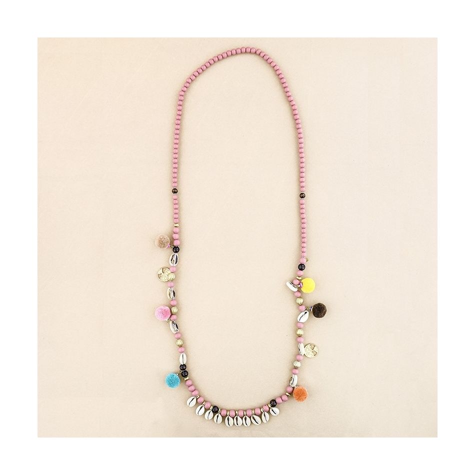 COLLAR LARGO CUENTAS MADERA CONCHAS POMPONES