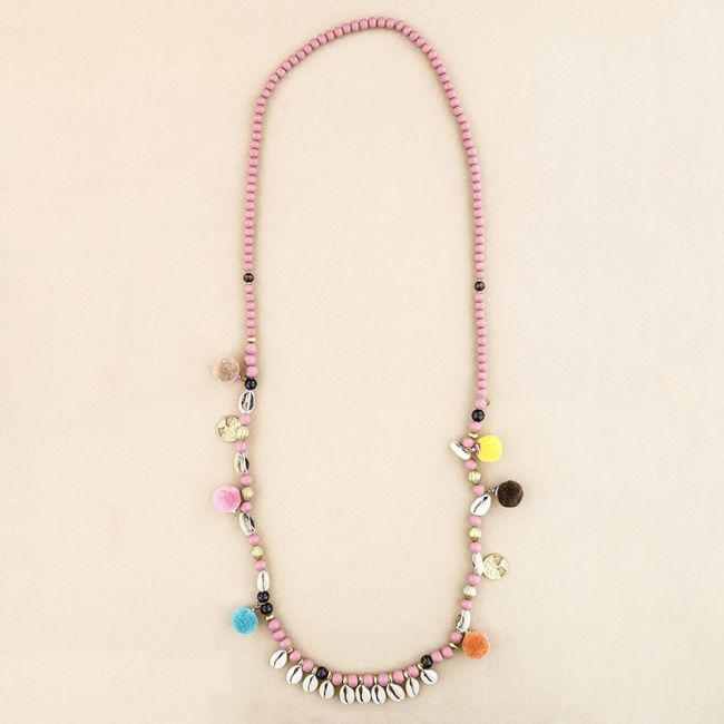 COLLAR LARGO CUENTAS MADERA CONCHAS POMPONES