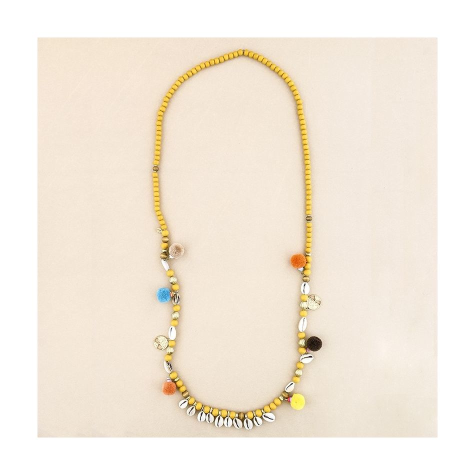 COLLAR LARGO CUENTAS MADERA CONCHAS POMPONES