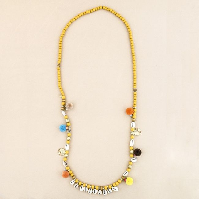 COLLAR LARGO CUENTAS MADERA CONCHAS POMPONES