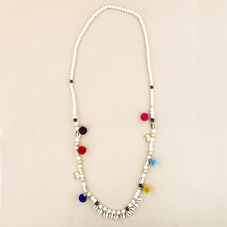 LONG NECKLACE WOODEN BEADS SHELLS POMPOMS 2