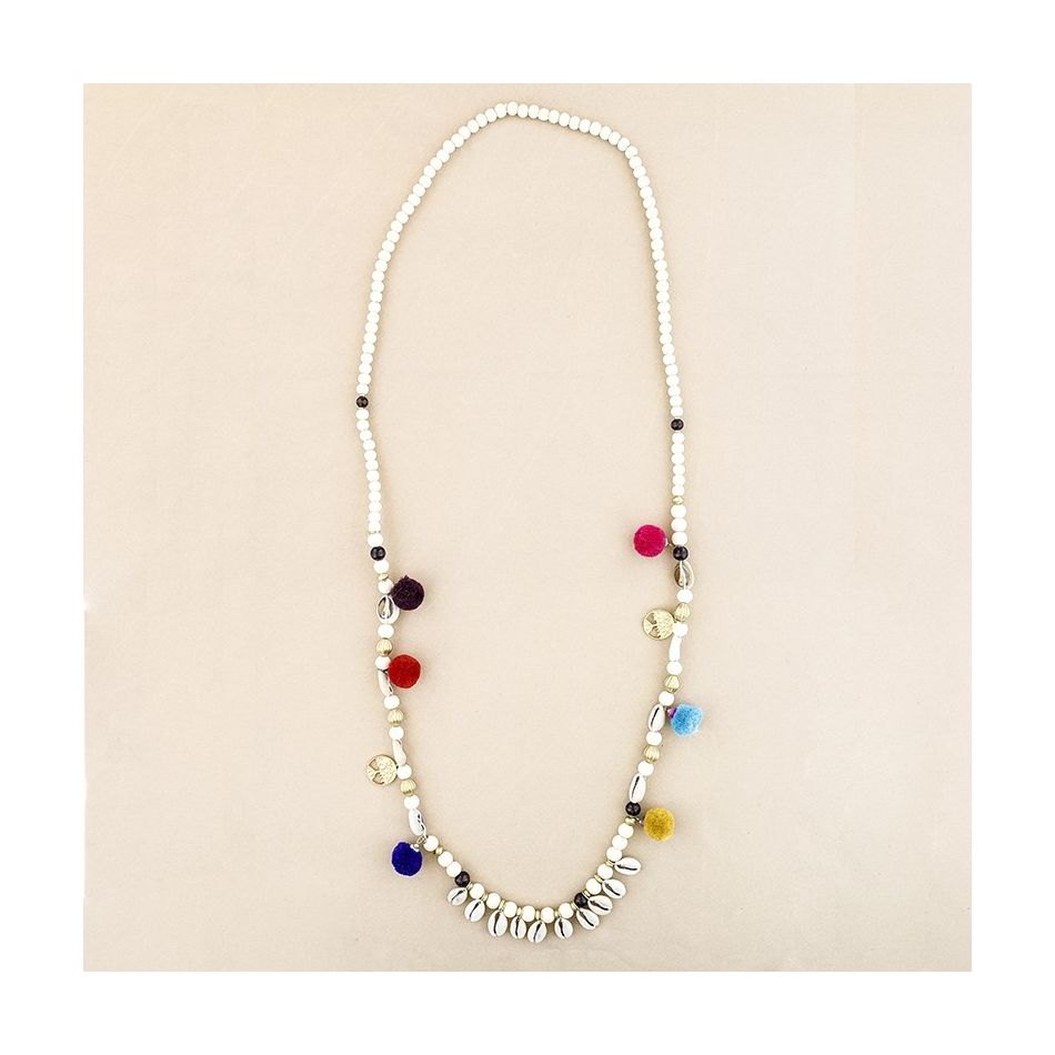 COLLAR LARGO CUENTAS MADERA CONCHAS POMPONES
