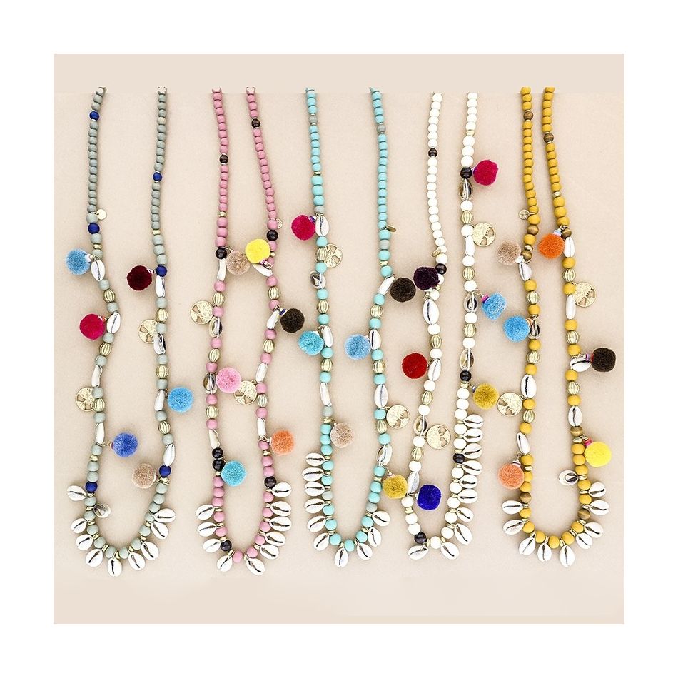 COLLAR LARGO CUENTAS MADERA CONCHAS POMPONES