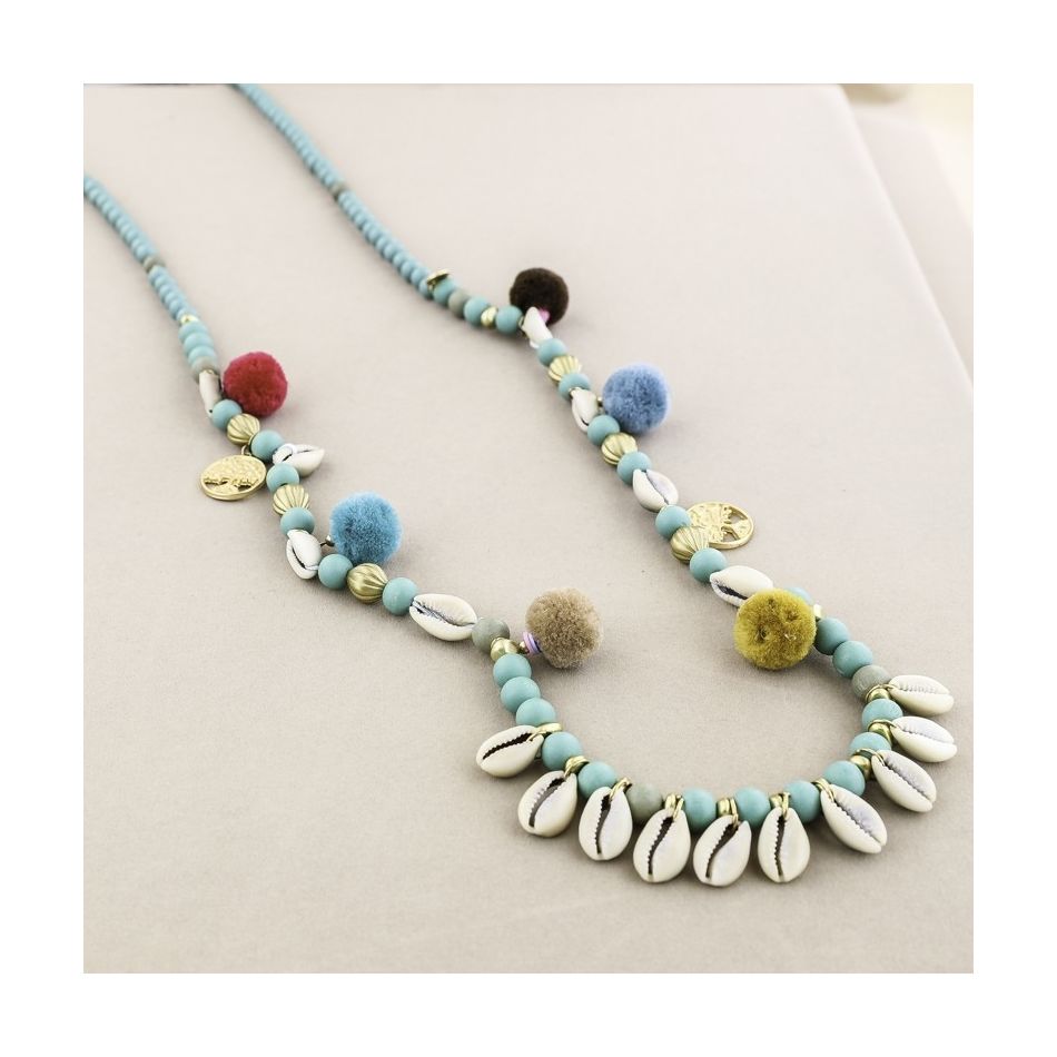 LONG NECKLACE WOODEN BEADS SHELLS POMPOMS