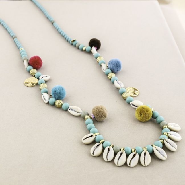 LONG NECKLACE WOODEN BEADS SHELLS POMPOMS