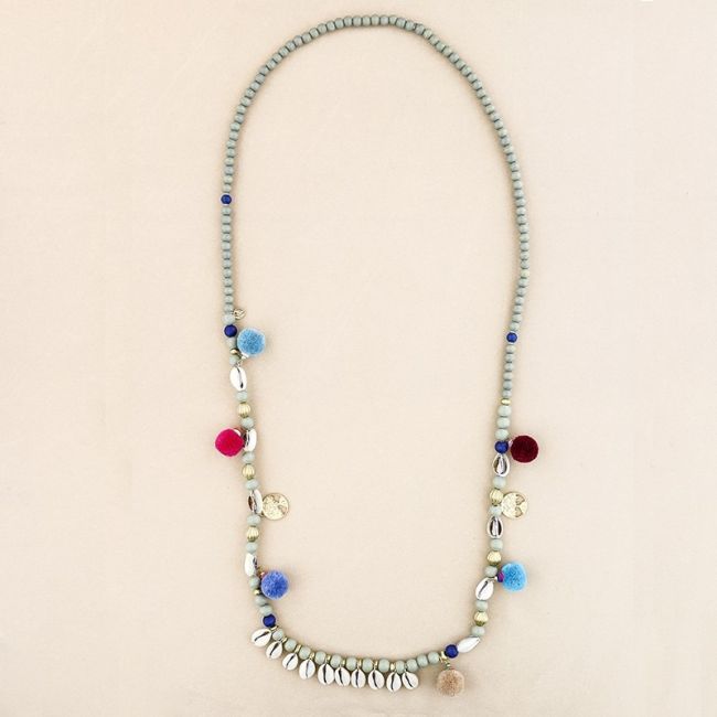LONG NECKLACE WOODEN BEADS SHELLS POMPOMS
