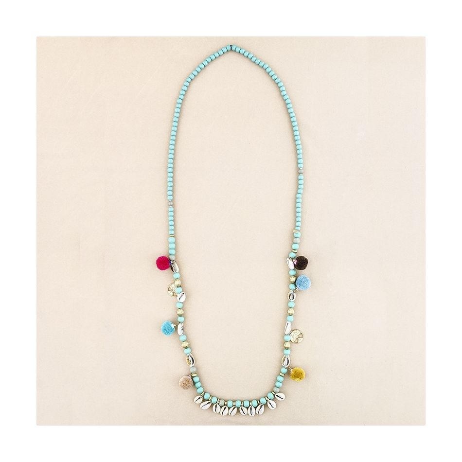 COLLAR LARGO CUENTAS MADERA CONCHAS POMPONES
