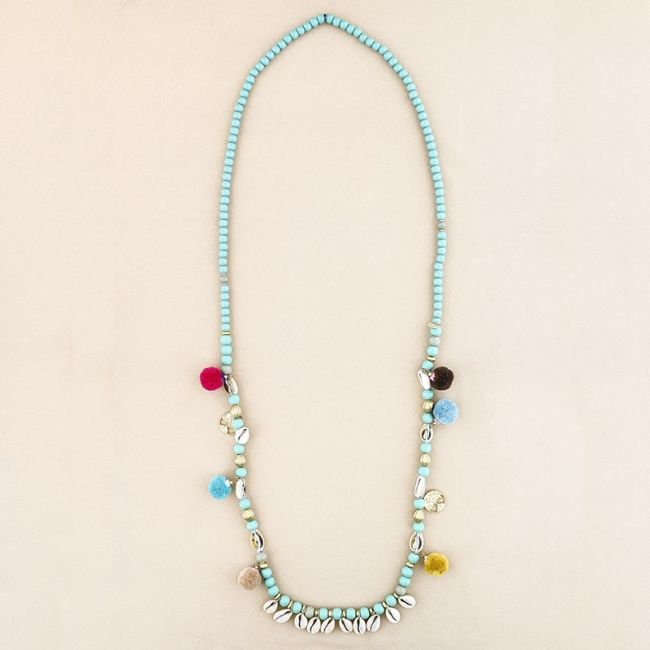 COLLAR LARGO CUENTAS MADERA CONCHAS POMPONES