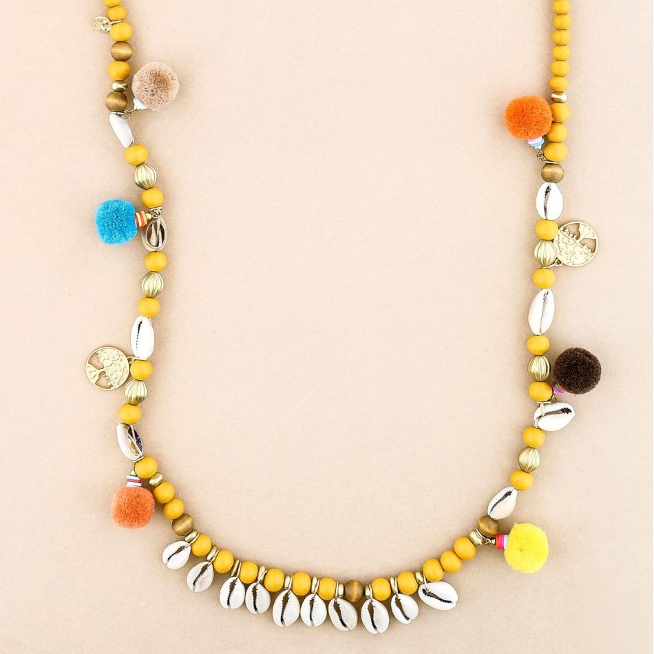 LONG NECKLACE WOODEN BEADS SHELLS POMPOMS