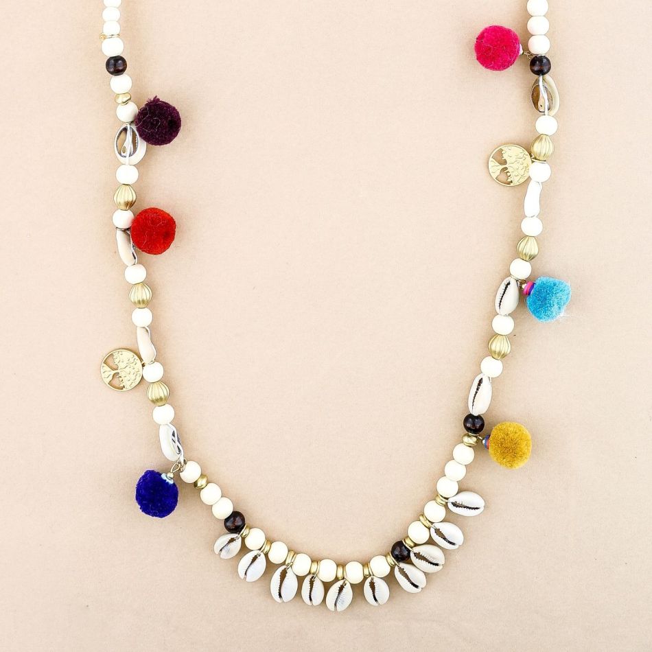 LONG NECKLACE WOODEN BEADS SHELLS POMPOMS