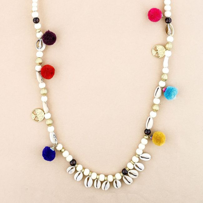 LONG NECKLACE WOODEN BEADS SHELLS POMPOMS