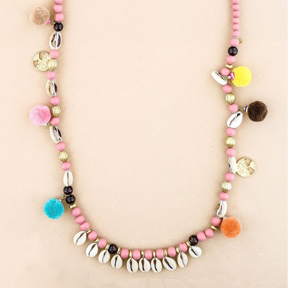COLLAR LARGO CUENTAS MADERA CONCHAS POMPONES