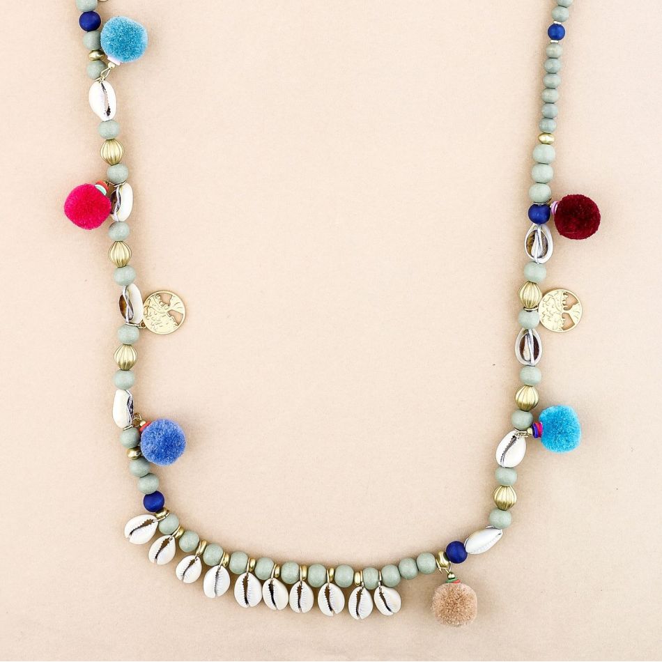 COLLAR LARGO CUENTAS MADERA CONCHAS POMPONES