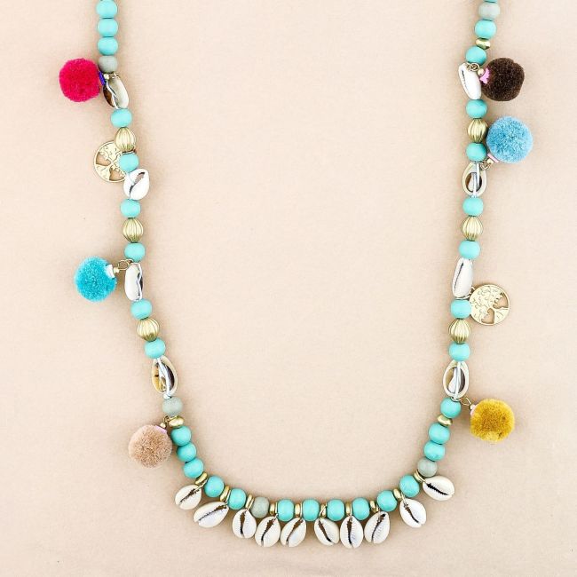 COLLAR LARGO CUENTAS MADERA CONCHAS POMPONES