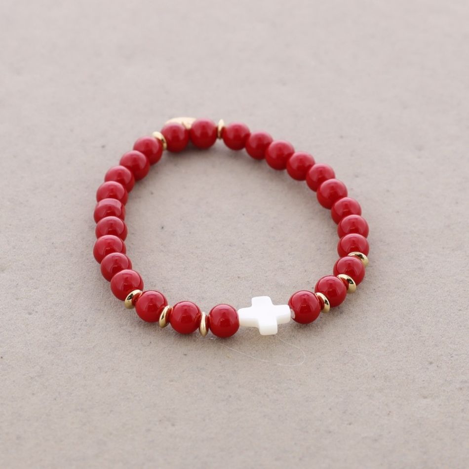 PULSERA ELÁSTICA CUENTAS CRUZ NÁCAR