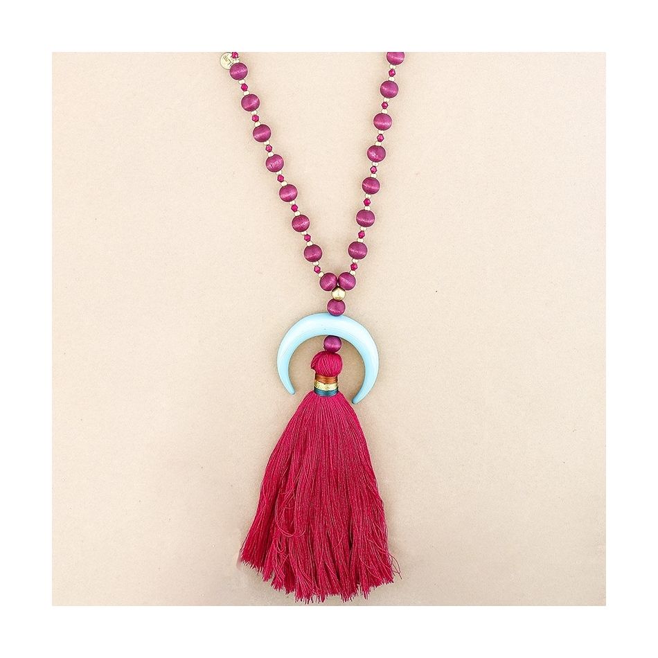 LONG NECKLACE WOODEN BEADS HALF MOON PENDANT METAL FRINGE