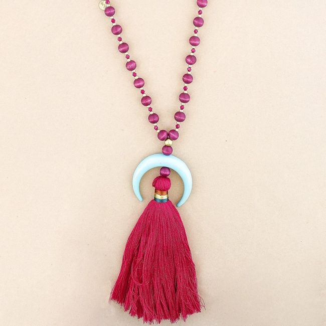 LONG NECKLACE WOODEN BEADS HALF MOON PENDANT METAL FRINGE