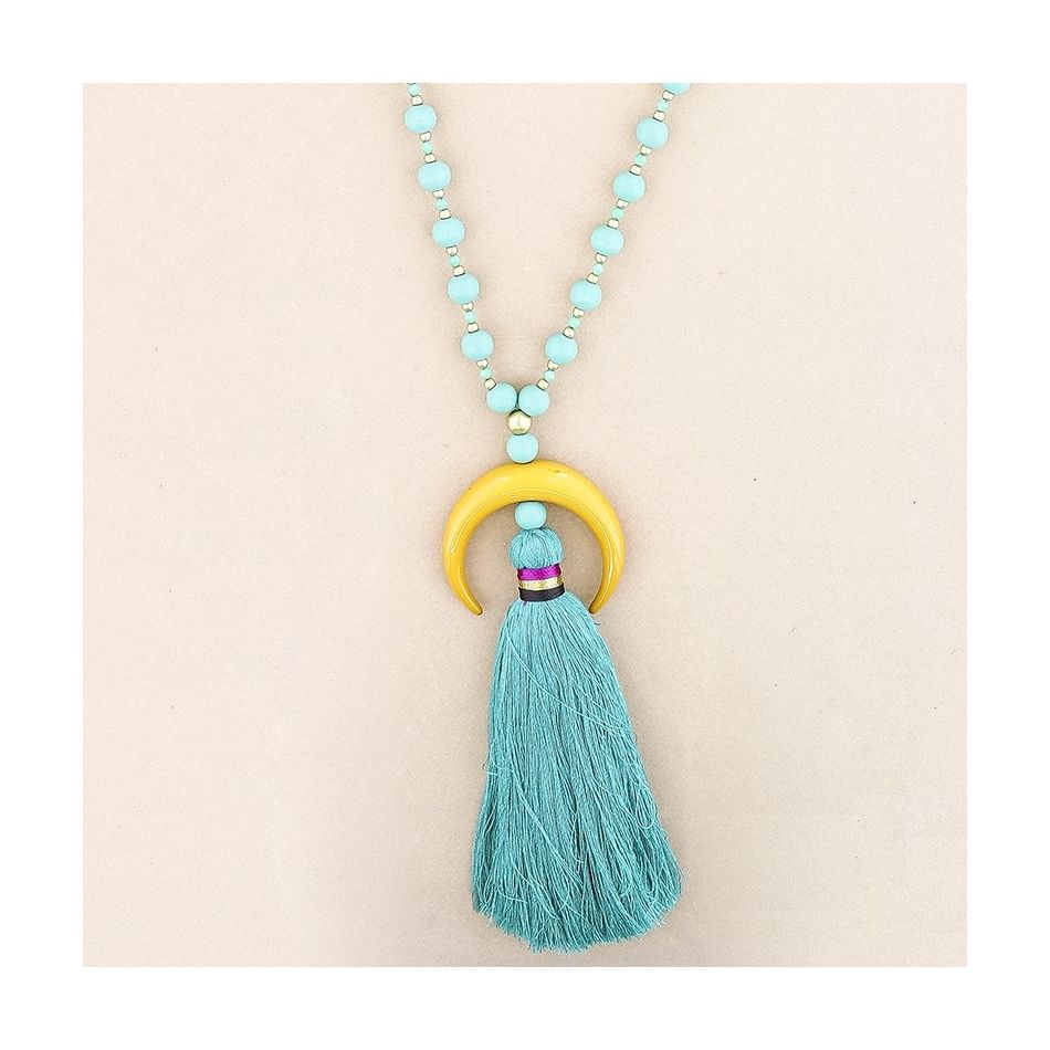 LONG NECKLACE WOODEN BEADS HALF MOON PENDANT METAL FRINGE