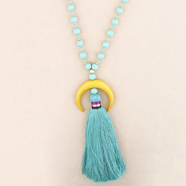 COLLAR LARGO CUENTAS MADERA COLGANTE MEDIA LUNA METAL FLECO
